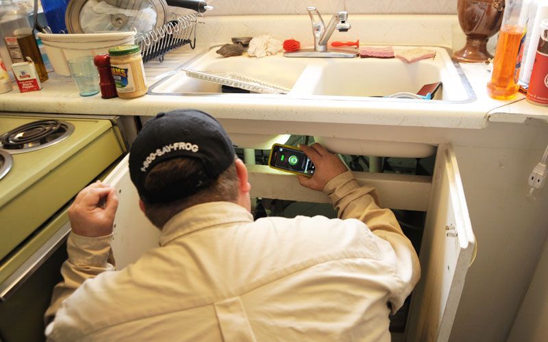 A man repairs a sink, ensuring proper function as part of pest control measures in a residential setting.