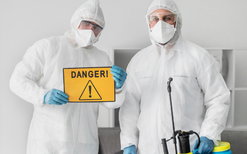 A pest control professional in a white suit and mask sprays a room to eliminate pests in New York.